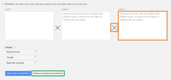 3 listes de mots-clés possible dans Keyword Planner