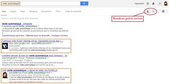 Google SERP résultats privés activés